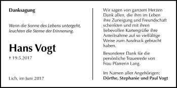 Traueranzeige von Hans Vogt von Licher Wochenblatt, Licher Wochenblatt, Licher Wochenblatt