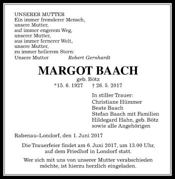 Traueranzeige von Margot Baach von Rabenauer Zeitung