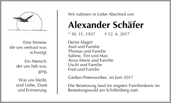 Traueranzeige von Alexander Schäfer von Giessener Allgemeine, Alsfelder Allgemeine