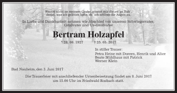 Traueranzeige von Bertram Holzapfel von Wetterauer Zeitung, Wetterauer Zeitung