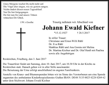 Traueranzeige von Johann Ewald Kiefner von Giessener Allgemeine, Alsfelder Allgemeine