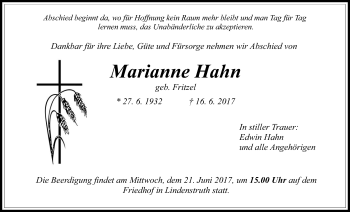 Traueranzeige von Marianne Hahn von Giessener Allgemeine, Alsfelder Allgemeine