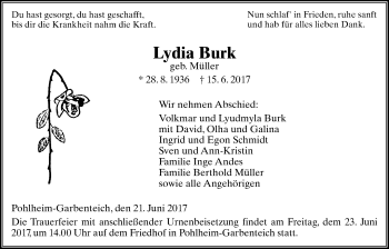 Traueranzeige von Lydia Burk von Giessener Allgemeine, Alsfelder Allgemeine