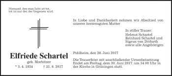 Traueranzeige von Elfriede Schartel von Giessener Allgemeine, Alsfelder Allgemeine, Wetterauer Zeitung, Wetterauer Zeitung