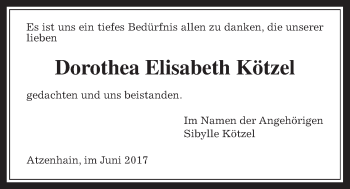 Traueranzeige von Dorothea Elisabeth Kötzel von Giessener Allgemeine, Alsfelder Allgemeine
