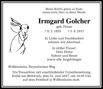Traueranzeige von Irmgard Golcher von Wetterauer Zeitung, Wetterauer Zeitung