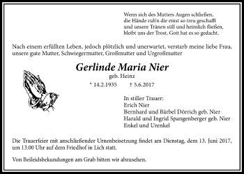 Traueranzeige von Gerlinde Maria Nier von Licher Wochenblatt, Licher Wochenblatt, Licher Wochenblatt