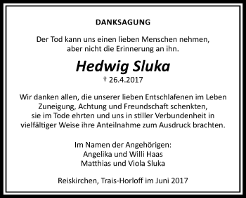 Traueranzeige von Hedwig Sluka von Licher Wochenblatt, Licher Wochenblatt, Licher Wochenblatt