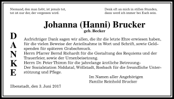 Traueranzeige von Johanna  Brucker von Wetterauer Zeitung, Wetterauer Zeitung
