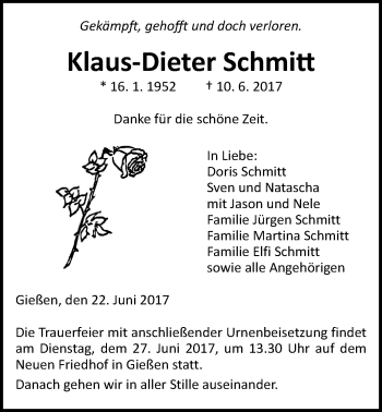 Traueranzeige von Klaus-Dieter Schmitt von Giessener Allgemeine, Alsfelder Allgemeine