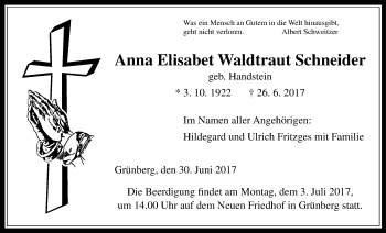 Traueranzeige von Anna Elisbet Waldtraut Schneider von Giessener Allgemeine, Alsfelder Allgemeine