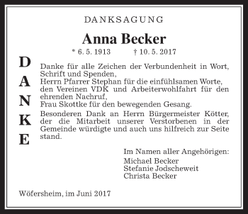 Traueranzeige von Anna Becker von Wetterauer Zeitung, Wetterauer Zeitung