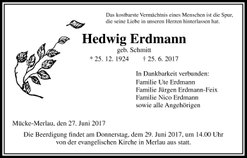 Traueranzeige von Hedwig Erdmann von Giessener Allgemeine, Alsfelder Allgemeine