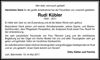 Traueranzeige von Rudi Kübler von Licher Wochenblatt, Licher Wochenblatt, Licher Wochenblatt