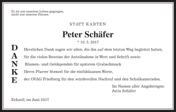 Traueranzeige von Peter Schäfer von Wetterauer Zeitung, Wetterauer Zeitung