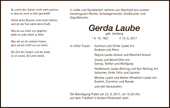 Traueranzeige von Gerda Laube von Wetterauer Zeitung, Wetterauer Zeitung