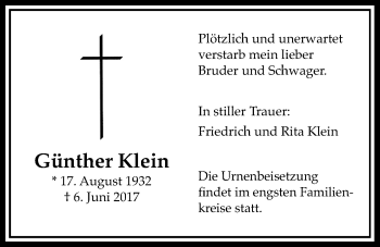 Traueranzeige von Günther Klein von Wetterauer Zeitung, Wetterauer Zeitung