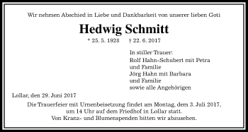 Traueranzeige von Hedwig Schmitt von Giessener Allgemeine, Alsfelder Allgemeine