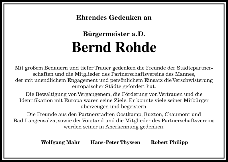  Traueranzeige für Bernd Rohde vom 10.06.2017 aus Wetterauer Zeitung, Wetterauer Zeitung