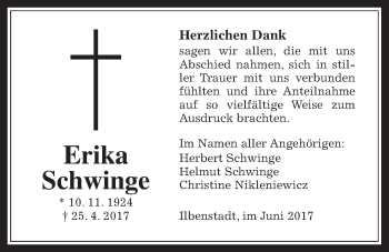 Traueranzeige von Erika Schwinge von Wetterauer Zeitung, Wetterauer Zeitung