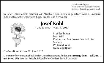 Traueranzeige von Josef Köhl von Giessener Allgemeine, Alsfelder Allgemeine
