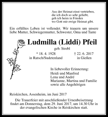 Traueranzeige von Ludmilla Pfeil von Giessener Allgemeine, Alsfelder Allgemeine