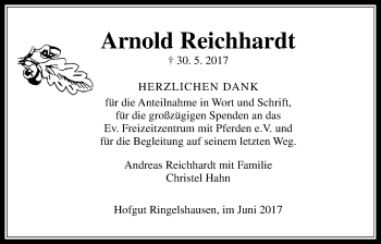 Traueranzeige von Arnold Reichhardt von Giessener Allgemeine, Alsfelder Allgemeine, Wetterauer Zeitung, Wetterauer Zeitung