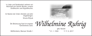 Traueranzeige von Wilhelmine Ruhrig von Wetterauer Zeitung, Wetterauer Zeitung