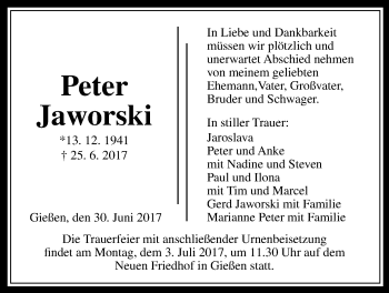 Traueranzeige von Peter Jaworski von Giessener Allgemeine, Alsfelder Allgemeine