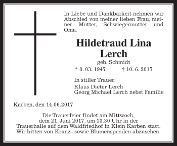 Traueranzeige von Hildetraud Lina Lerch von Wetterauer Zeitung, Wetterauer Zeitung