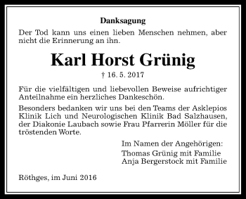 Traueranzeige von Karl Horst Grünig von Giessener Allgemeine, Alsfelder Allgemeine