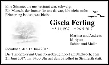 Traueranzeige von Gisela Ferling von Wetterauer Zeitung, Wetterauer Zeitung