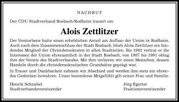 Traueranzeige von Alois Zettlitzer von Wetterauer Zeitung, Wetterauer Zeitung