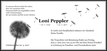 Traueranzeige von Loni Peppler von Giessener Allgemeine, Alsfelder Allgemeine