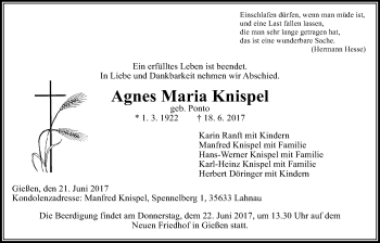 Traueranzeige von Agnes Maria Knispel von Giessener Allgemeine, Alsfelder Allgemeine