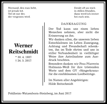 Traueranzeige von Werner Reitschmidt von Pohlheimer Nachrichten