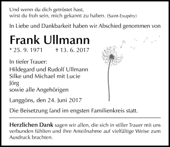 Traueranzeige von Frank Ullmann von Giessener Allgemeine, Alsfelder Allgemeine