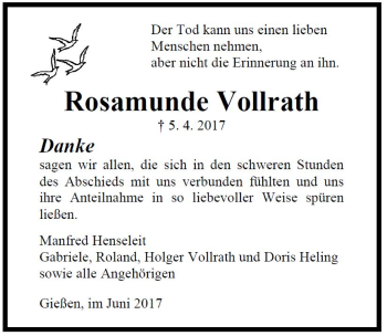 Traueranzeige von Rosamunde Vollrath von Giessener Allgemeine, Alsfelder Allgemeine