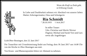 Traueranzeige von Ria Schmidt von Licher Wochenblatt, Licher Wochenblatt, Licher Wochenblatt