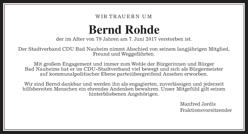  Traueranzeige für Bernd Rohde vom 12.06.2017 aus Wetterauer Zeitung, Wetterauer Zeitung