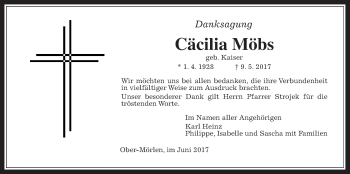 Traueranzeige von Cäcilia Möbs von Wetterauer Zeitung, Wetterauer Zeitung