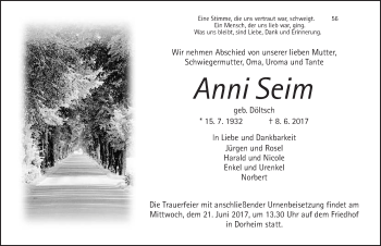 Traueranzeige von Anni Seim von Wetterauer Zeitung, Wetterauer Zeitung