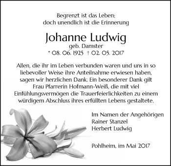 Traueranzeige von Johanne Ludwig von Pohlheimer Nachrichten