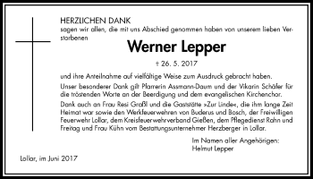 Traueranzeige von Werner Lepper von Giessener Allgemeine, Alsfelder Allgemeine