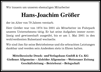 Traueranzeige von Hans-Joachim Größer von Giessener Allgemeine, Alsfelder Allgemeine