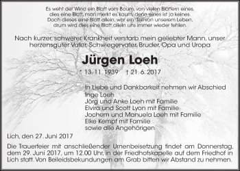 Traueranzeige von Jürgen Loeh von Giessener Allgemeine, Alsfelder Allgemeine