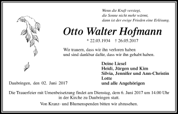 Traueranzeige von Otto Walter Hofmann von Giessener Allgemeine, Alsfelder Allgemeine