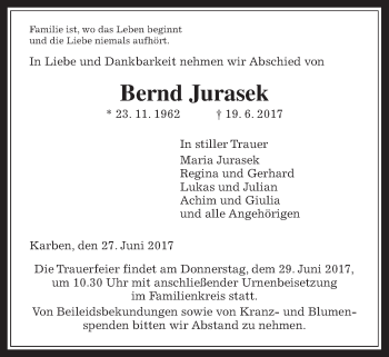 Traueranzeige von Bernd Jurasek von Wetterauer Zeitung, Wetterauer Zeitung