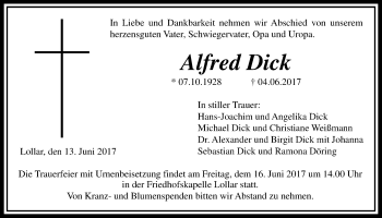 Traueranzeige von Alfred Dick von Giessener Allgemeine, Alsfelder Allgemeine