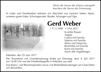 Traueranzeige von Gerd Weber von Licher Wochenblatt, Licher Wochenblatt, Licher Wochenblatt